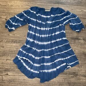 Bu Tiki Maui Tie Dye Cover Up Dress White & Blue Sz S/M Cinched 3/4 Sleeve V Nck